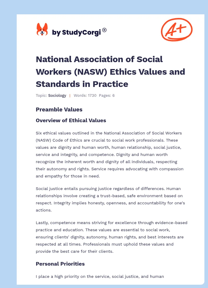National Association of Social Workers (NASW) Ethics Values and Standards in Practice. Page 1