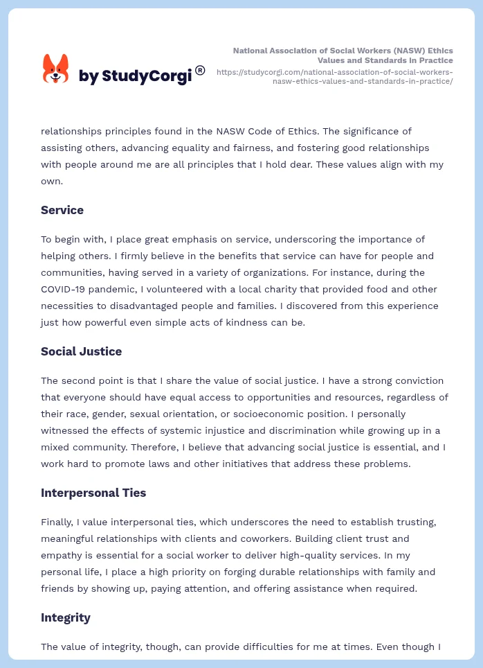 National Association of Social Workers (NASW) Ethics Values and Standards in Practice. Page 2