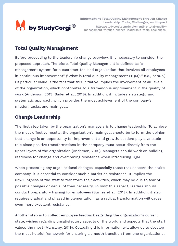 Implementing Total Quality Management Through Change Leadership: Tools, Challenges, and Impact. Page 2