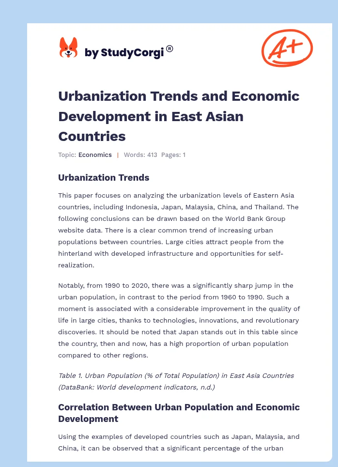 Urbanization Trends and Economic Development in East Asian Countries. Page 1