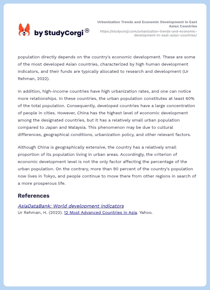 Urbanization Trends and Economic Development in East Asian Countries. Page 2