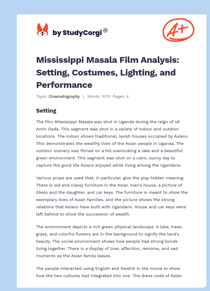 Mississippi Masala Film Analysis: Setting, Costumes, Lighting, and Performance. Page 1