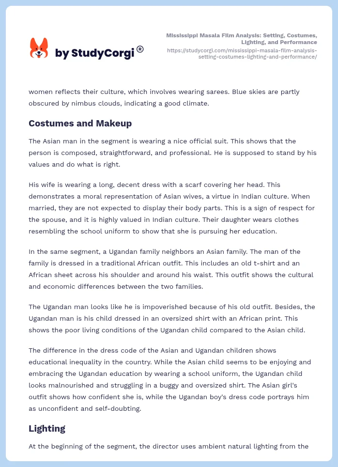 Mississippi Masala Film Analysis: Setting, Costumes, Lighting, and Performance. Page 2