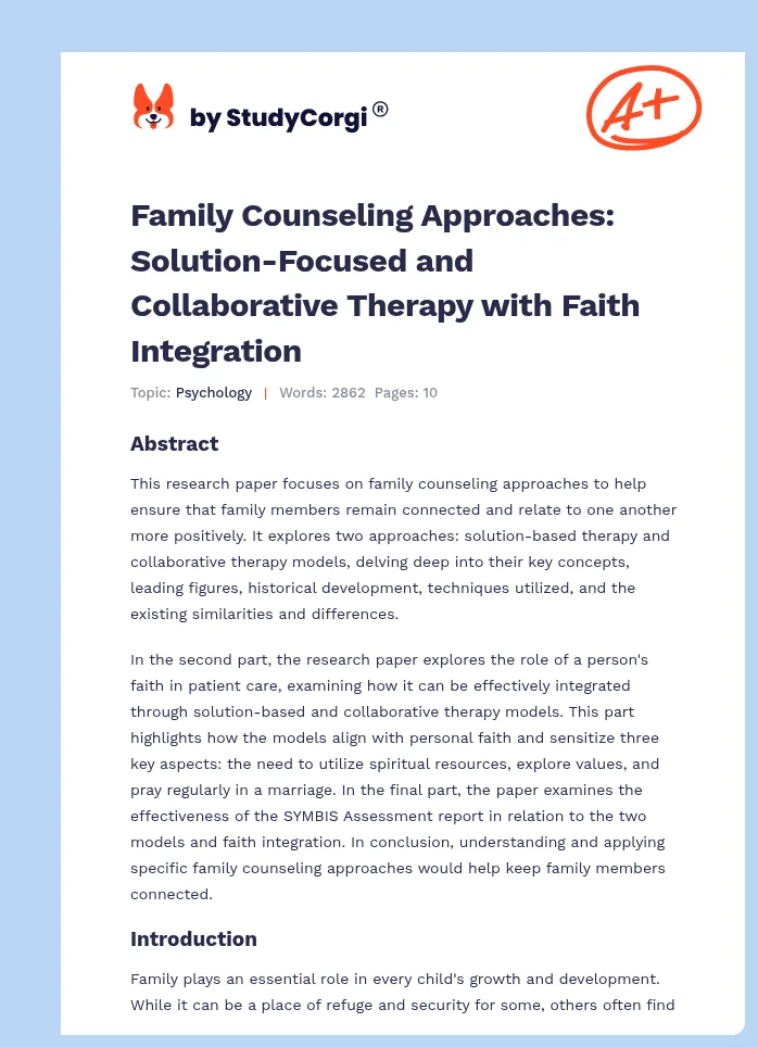 Family Counseling Approaches: Solution-Focused and Collaborative Therapy with Faith Integration. Page 1