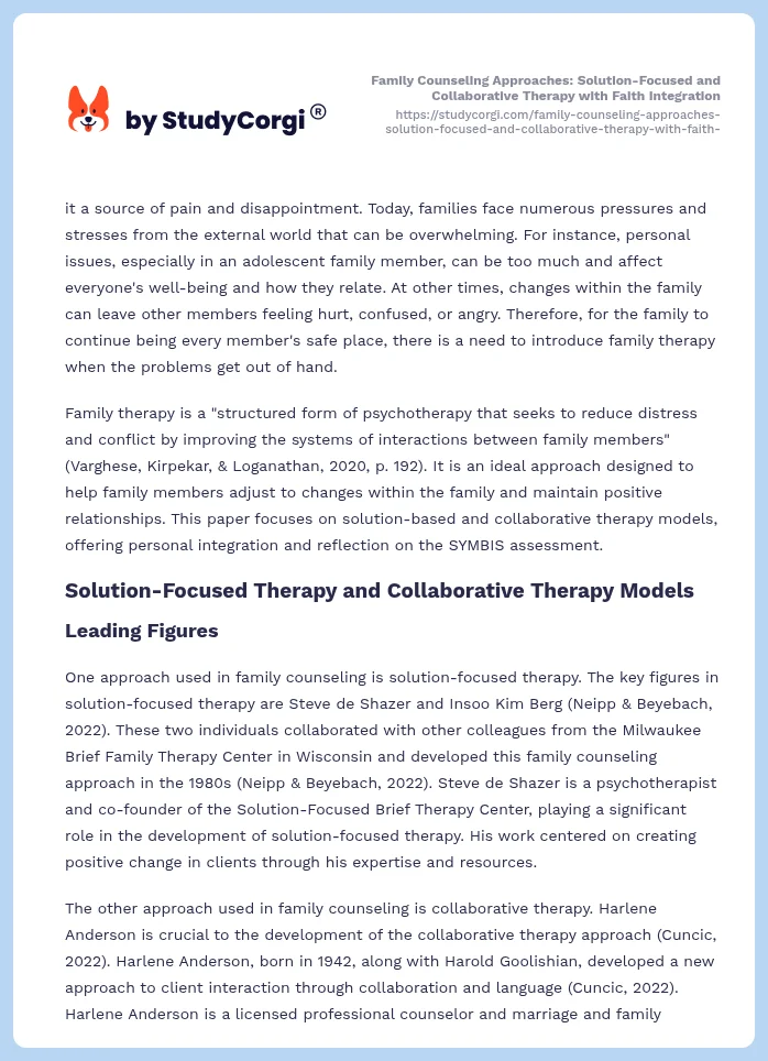 Family Counseling Approaches: Solution-Focused and Collaborative Therapy with Faith Integration. Page 2