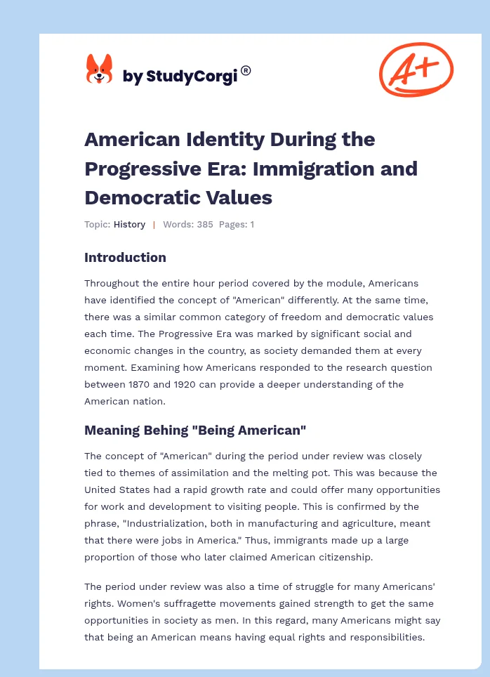 American Identity During the Progressive Era: Immigration and Democratic Values. Page 1