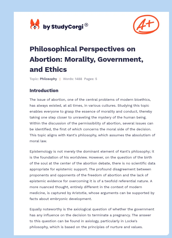 Philosophical Perspectives on Abortion: Morality, Government, and Ethics. Page 1
