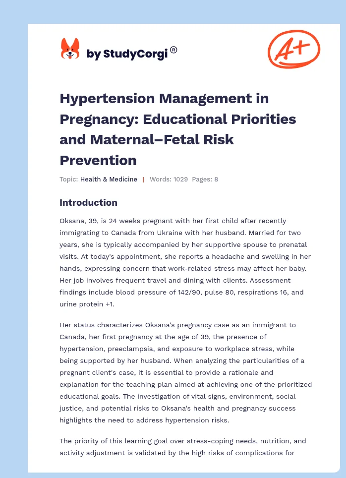 Hypertension Management in Pregnancy: Educational Priorities and Maternal–Fetal Risk Prevention. Page 1