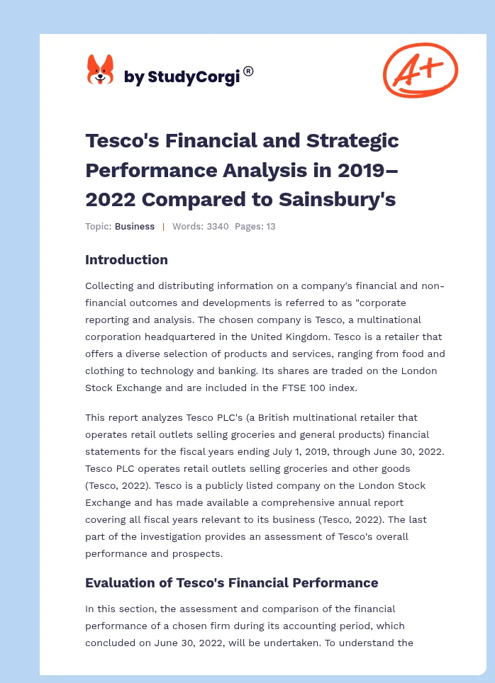 Tesco's Financial and Strategic Performance Analysis in 2019–2022 Compared to Sainsbury's. Page 1