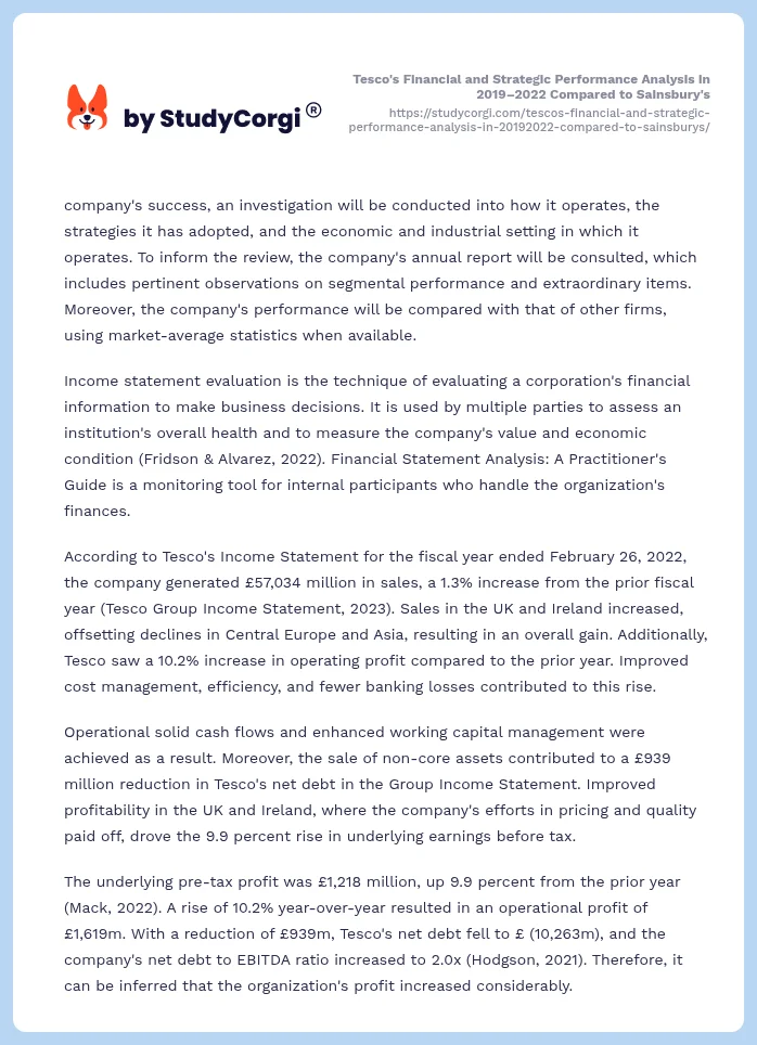 Tesco's Financial and Strategic Performance Analysis in 2019–2022 Compared to Sainsbury's. Page 2