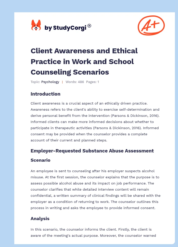 Client Awareness and Ethical Practice in Work and School Counseling Scenarios. Page 1