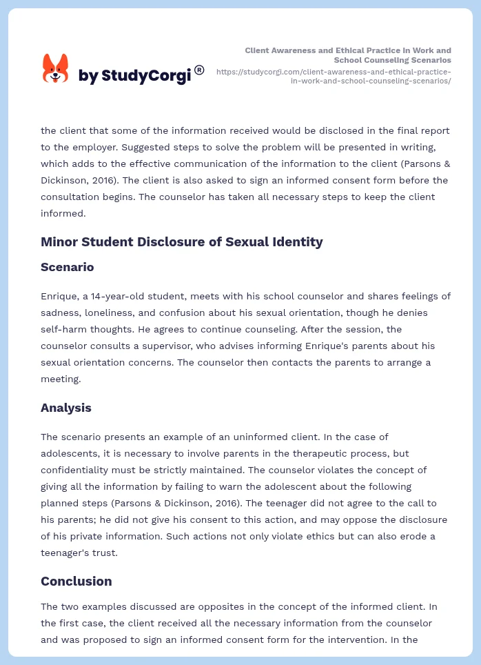Client Awareness and Ethical Practice in Work and School Counseling Scenarios. Page 2