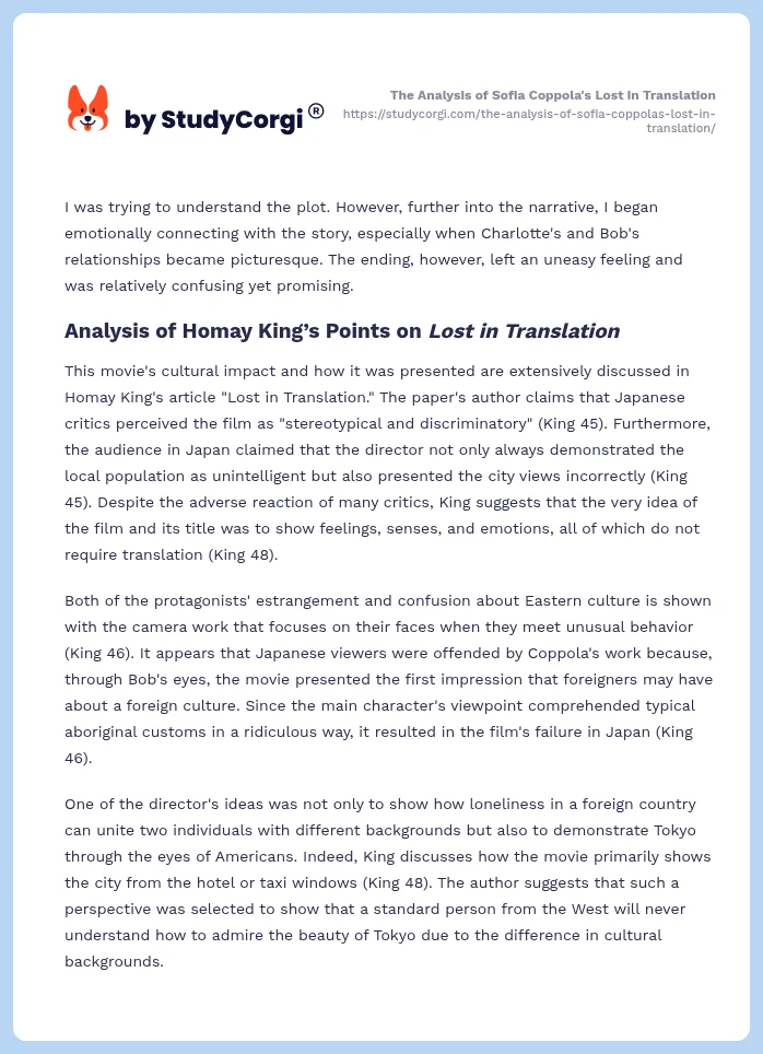 The Analysis of Sofia Coppola's Lost in Translation. Page 2