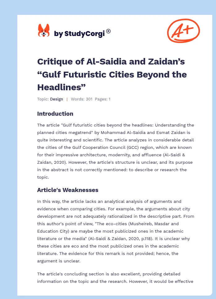Critique of Al-Saidia and Zaidan’s “Gulf Futuristic Cities Beyond the Headlines”. Page 1