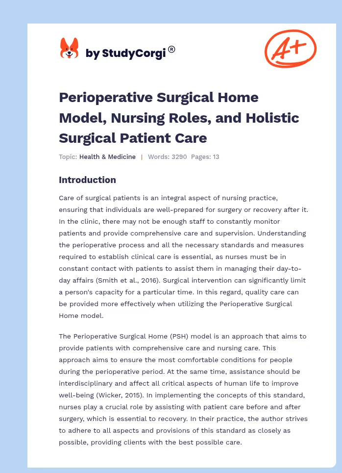 Perioperative Surgical Home Model, Nursing Roles, and Holistic Surgical Patient Care. Page 1