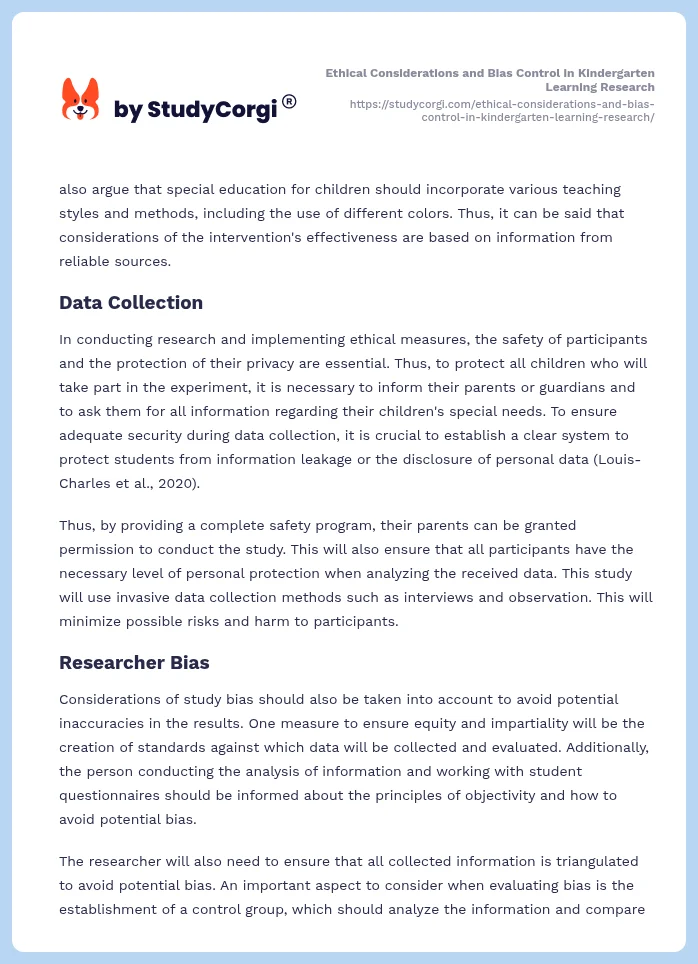 Ethical Considerations and Bias Control in Kindergarten Learning Research. Page 2