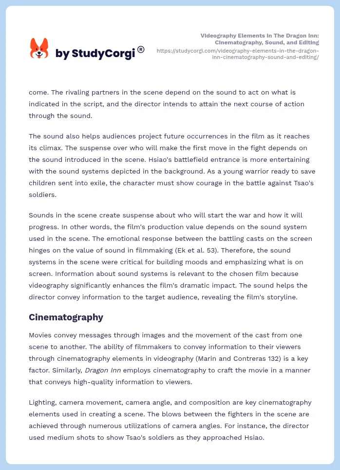 Videography Elements in The Dragon Inn: Cinematography, Sound, and Editing. Page 2