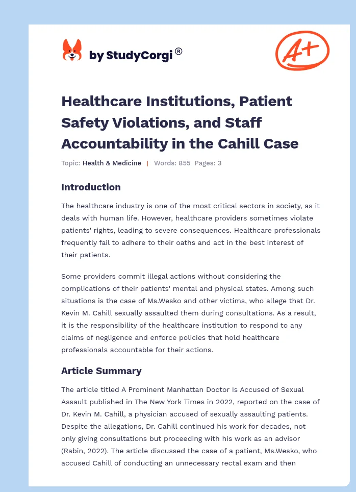 Healthcare Institutions, Patient Safety Violations, and Staff Accountability in the Cahill Case. Page 1