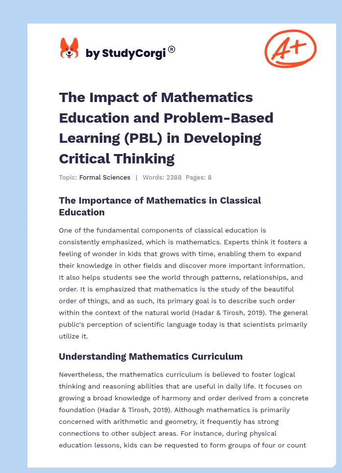 The Impact of Mathematics Education and Problem-Based Learning (PBL) in Developing Critical Thinking. Page 1