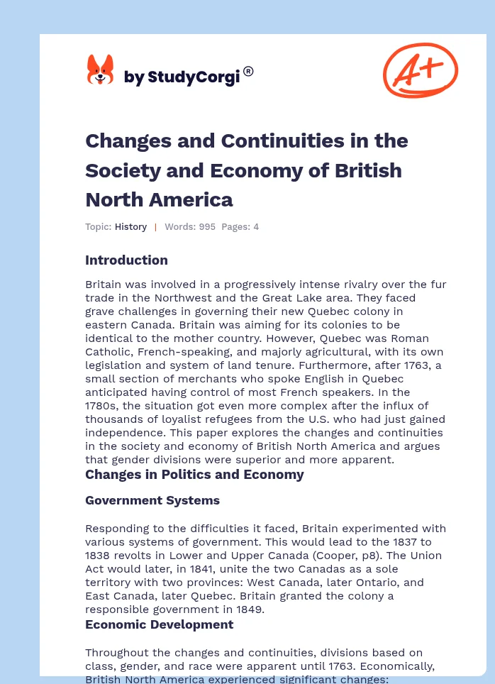 Changes and Continuities in the Society and Economy of British North America. Page 1