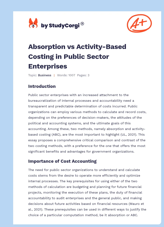 Absorption vs Activity-Based Costing in Public Sector Enterprises. Page 1