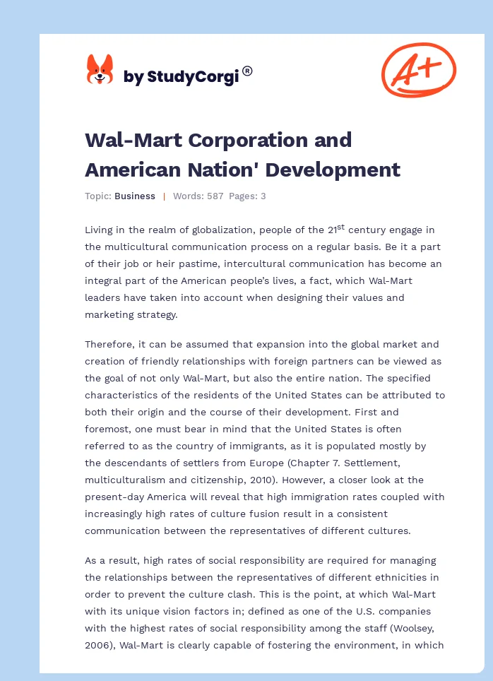 Wal-Mart Corporation and American Nation' Development. Page 1