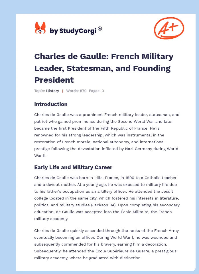 Charles de Gaulle: French Military Leader, Statesman, and Founding President. Page 1