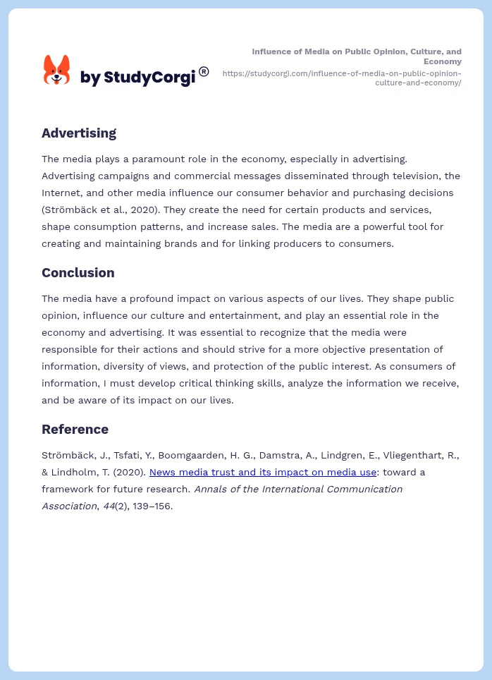 Influence of Media on Public Opinion, Culture, and Economy. Page 2