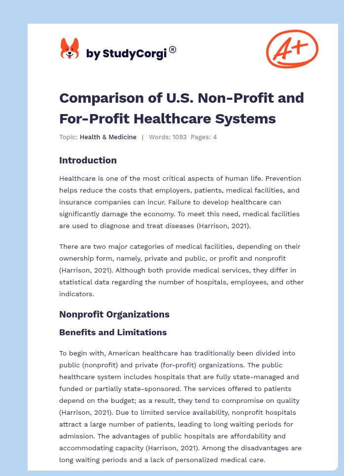 Comparison of U.S. Non-Profit and For-Profit Healthcare Systems. Page 1