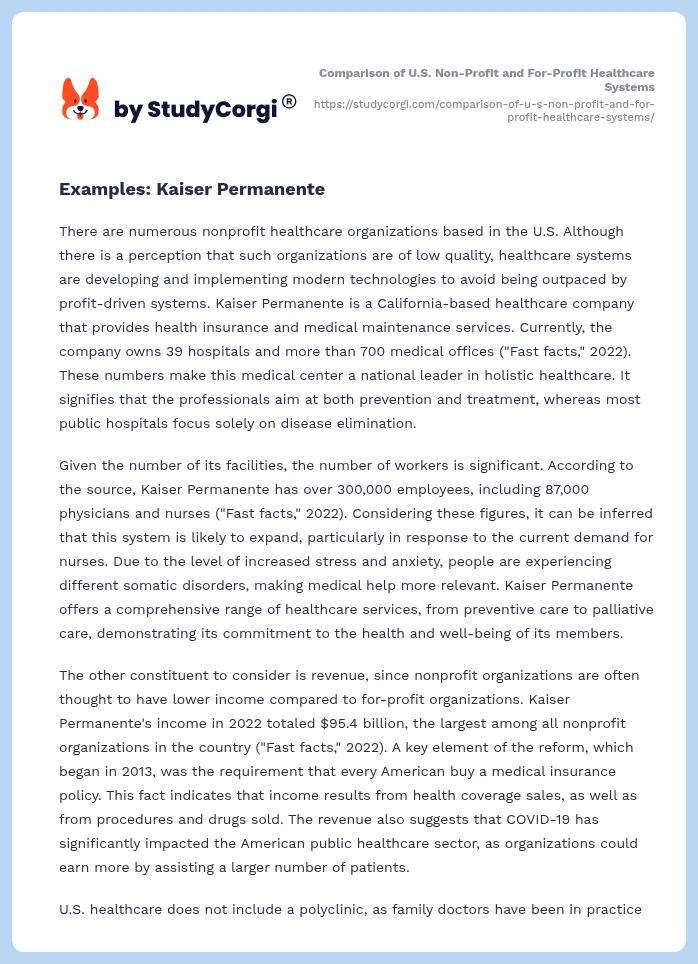 Comparison of U.S. Non-Profit and For-Profit Healthcare Systems. Page 2
