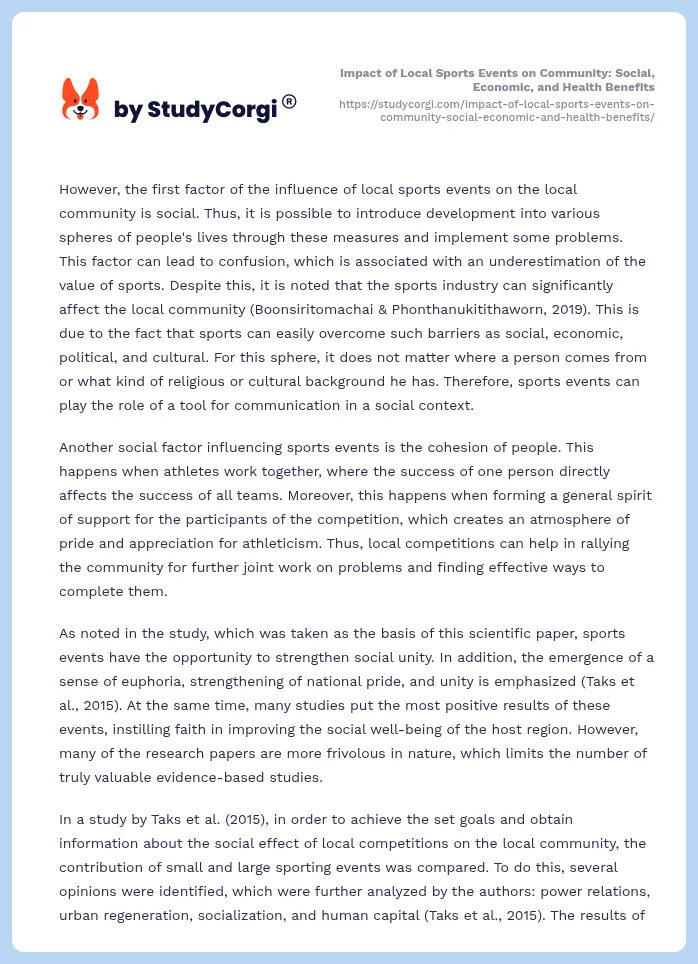 Impact of Local Sports Events on Community: Social, Economic, and Health Benefits. Page 2