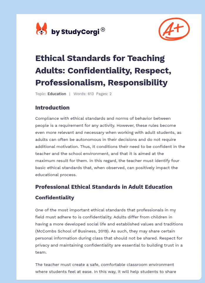 Ethical Standards for Teaching Adults: Confidentiality, Respect, Professionalism, Responsibility. Page 1
