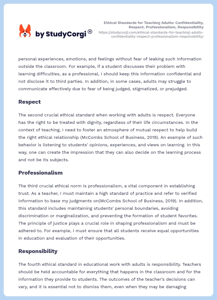 Ethical Standards for Teaching Adults: Confidentiality, Respect, Professionalism, Responsibility. Page 2