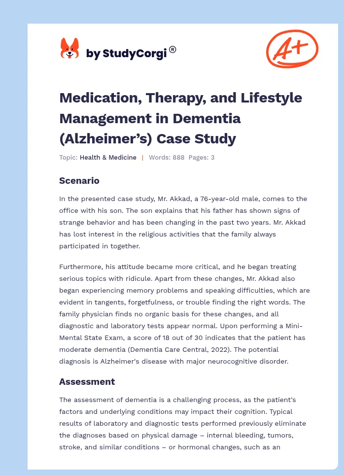 Medication, Therapy, and Lifestyle Management in Dementia (Alzheimer’s) Case Study. Page 1