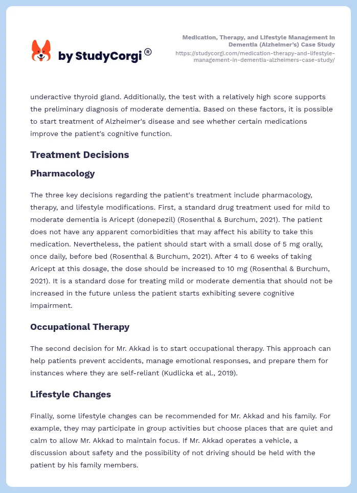 Medication, Therapy, and Lifestyle Management in Dementia (Alzheimer’s) Case Study. Page 2