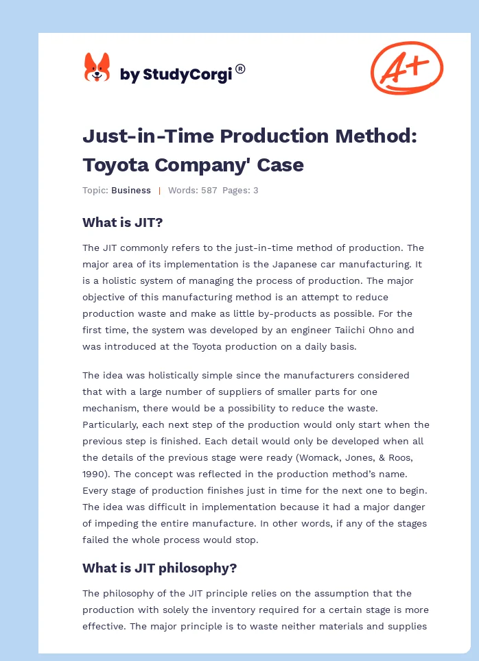 Just-in-Time Production Method: Toyota Company' Case. Page 1