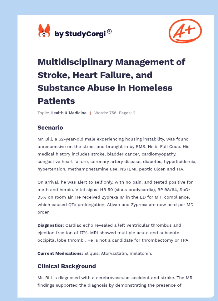 Multidisciplinary Management of Stroke, Heart Failure, and Substance Abuse in Homeless Patients. Page 1