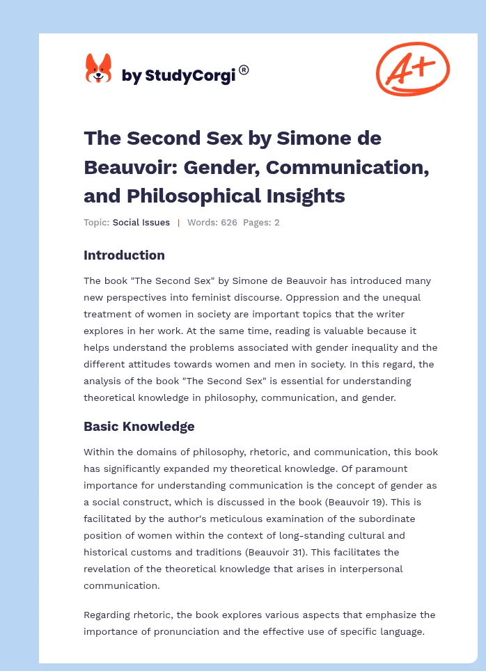 The Second Sex by Simone de Beauvoir: Gender, Communication, and Philosophical Insights. Page 1