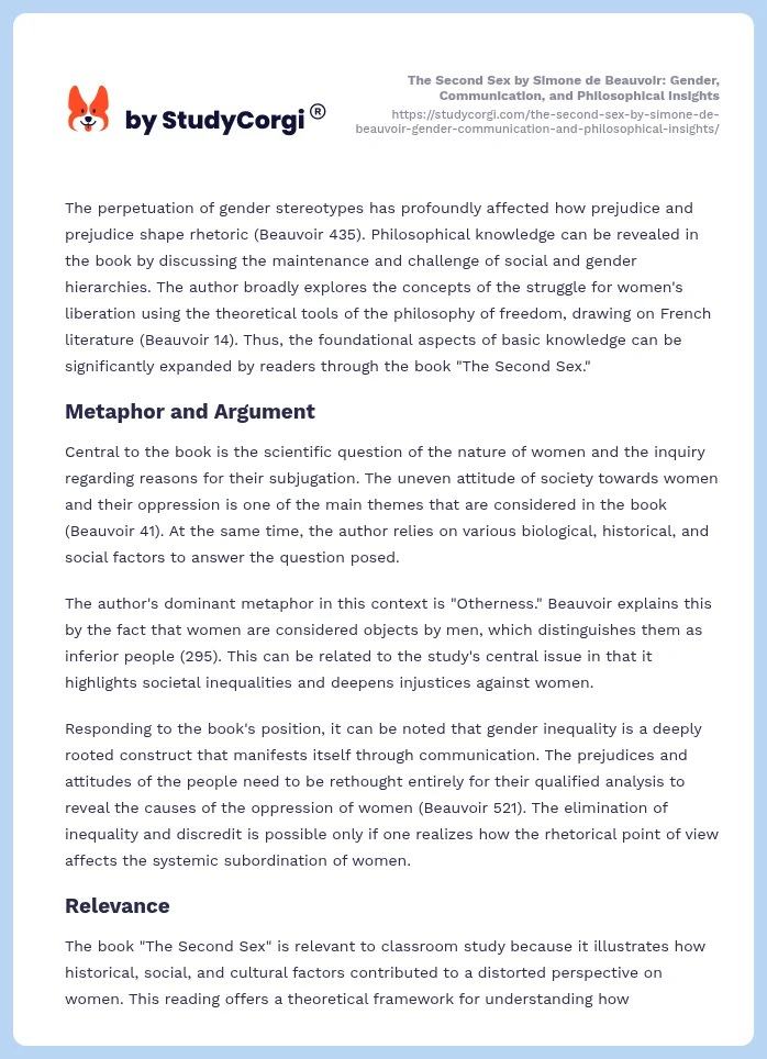 The Second Sex by Simone de Beauvoir: Gender, Communication, and Philosophical Insights. Page 2