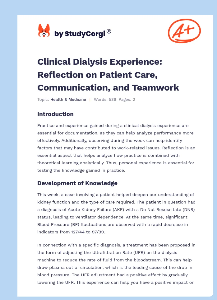 Clinical Dialysis Experience: Reflection on Patient Care, Communication, and Teamwork. Page 1