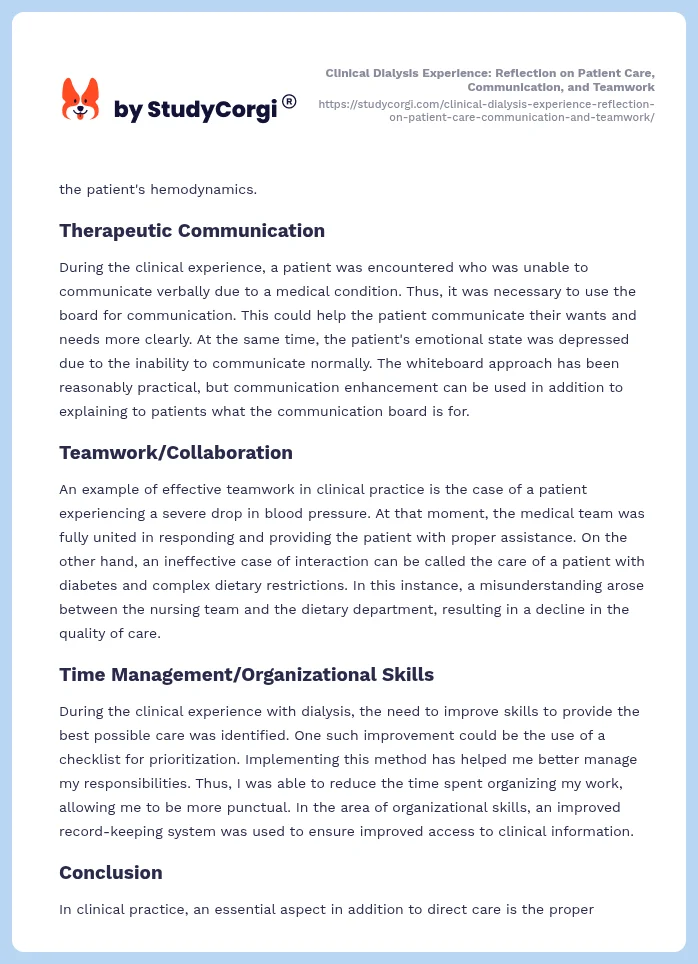 Clinical Dialysis Experience: Reflection on Patient Care, Communication, and Teamwork. Page 2