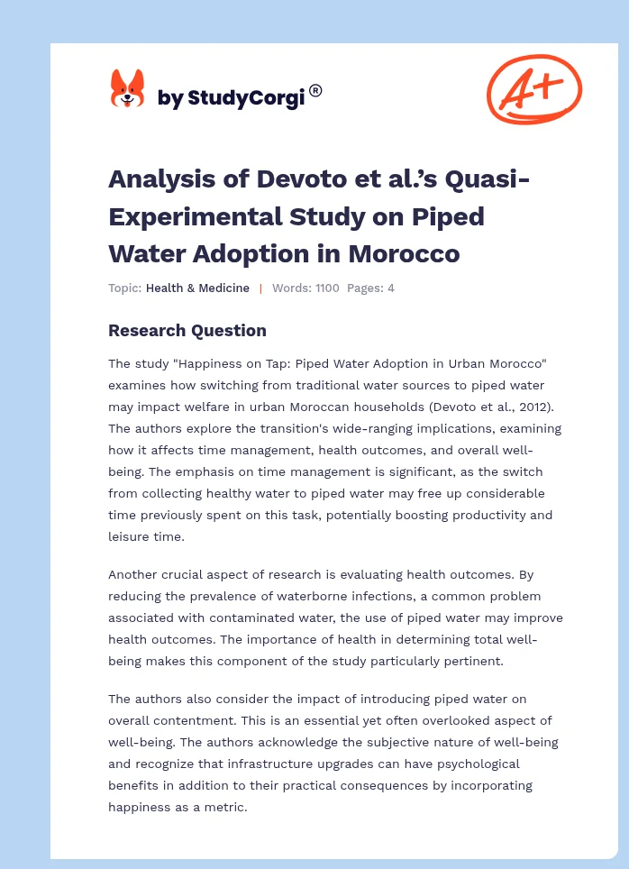Analysis of Devoto et al.’s Quasi-Experimental Study on Piped Water Adoption in Morocco. Page 1
