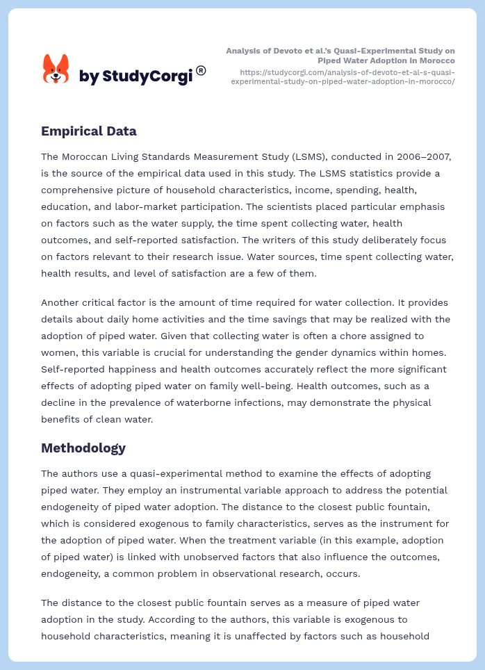 Analysis of Devoto et al.’s Quasi-Experimental Study on Piped Water Adoption in Morocco. Page 2