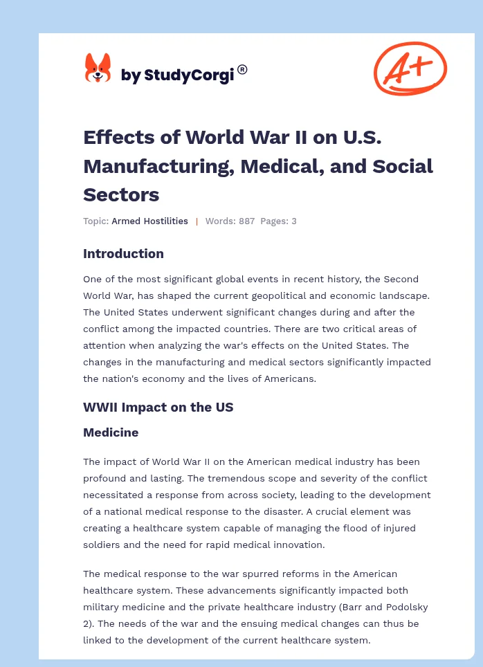 Effects of World War II on U.S. Manufacturing, Medical, and Social Sectors. Page 1