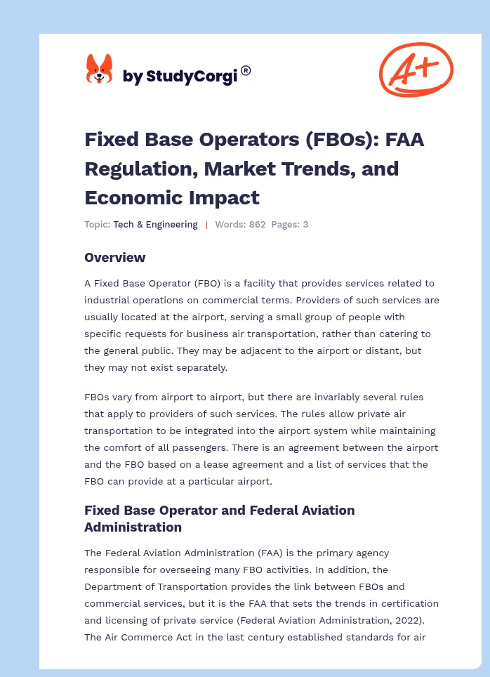Fixed Base Operators (FBOs): FAA Regulation, Market Trends, and Economic Impact. Page 1