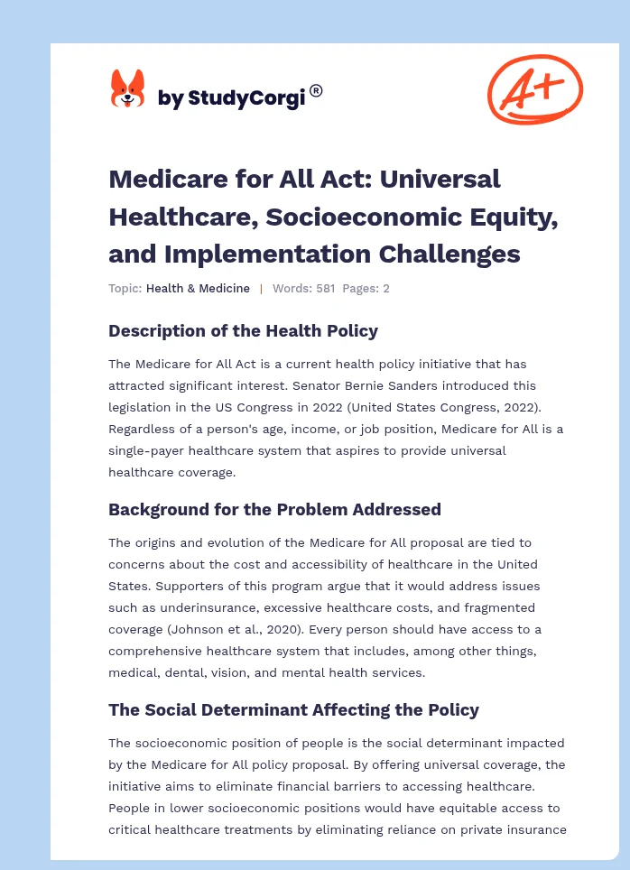 Medicare for All Act: Universal Healthcare, Socioeconomic Equity, and Implementation Challenges. Page 1
