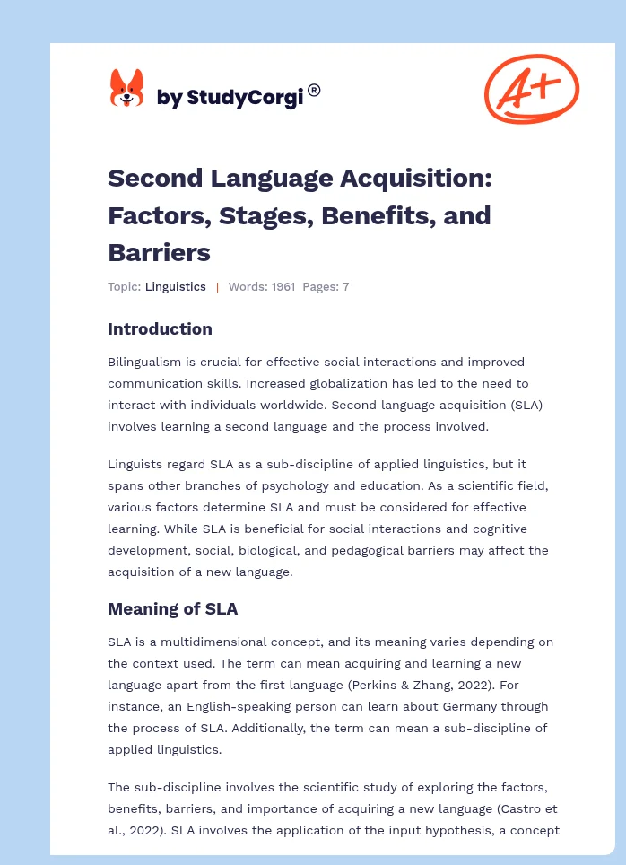 Second Language Acquisition: Factors, Stages, Benefits, and Barriers. Page 1