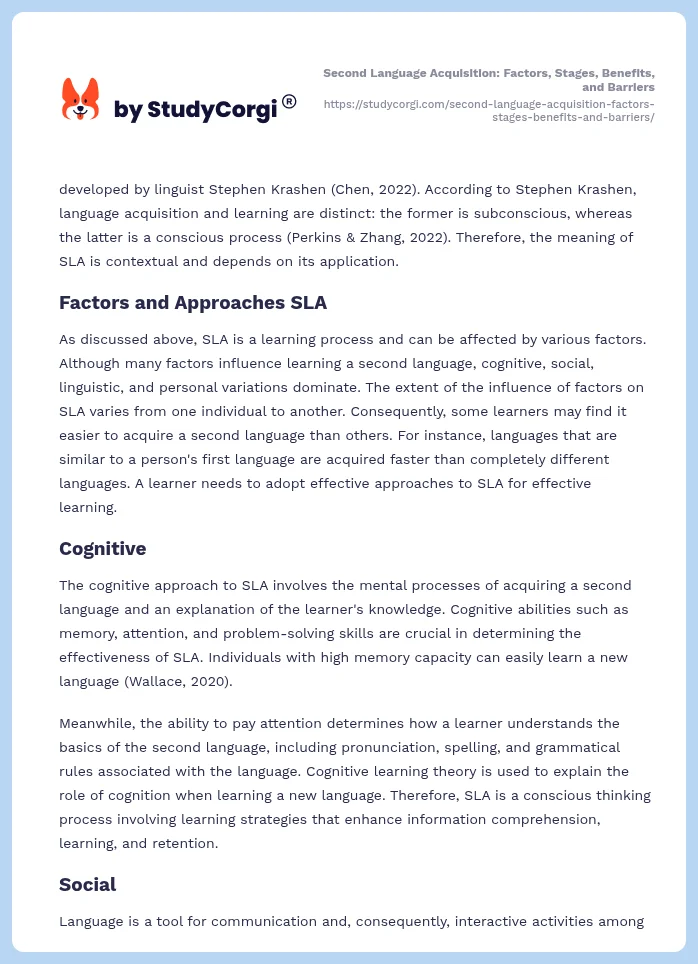 Second Language Acquisition: Factors, Stages, Benefits, and Barriers. Page 2