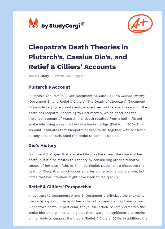 Cleopatra’s Death Theories in Plutarch’s, Cassius Dio’s, and Retief & Cilliers’ Accounts. Page 1