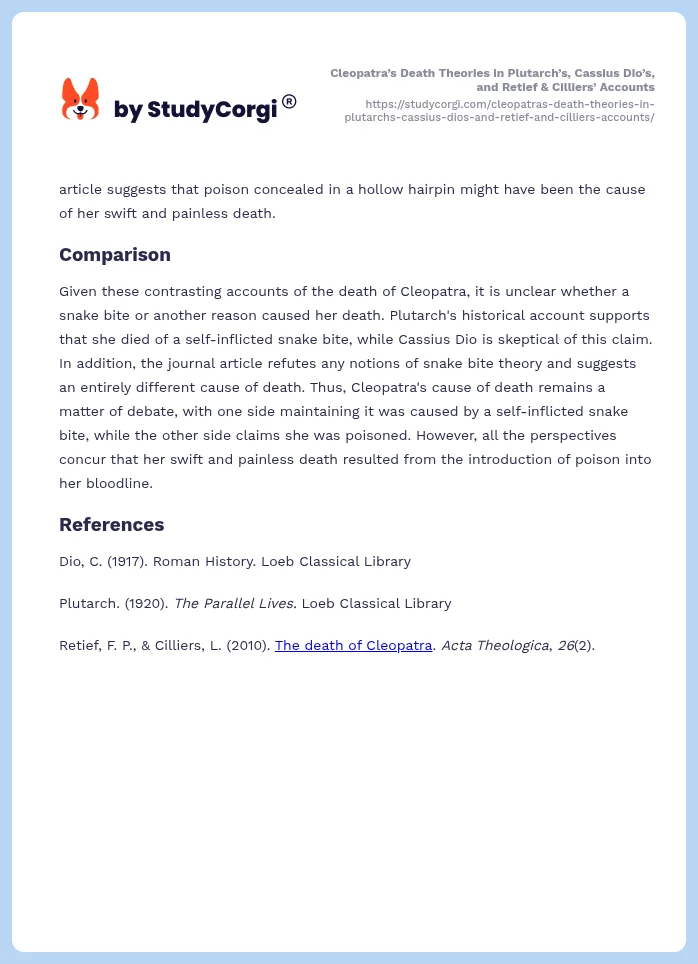 Cleopatra’s Death Theories in Plutarch’s, Cassius Dio’s, and Retief & Cilliers’ Accounts. Page 2
